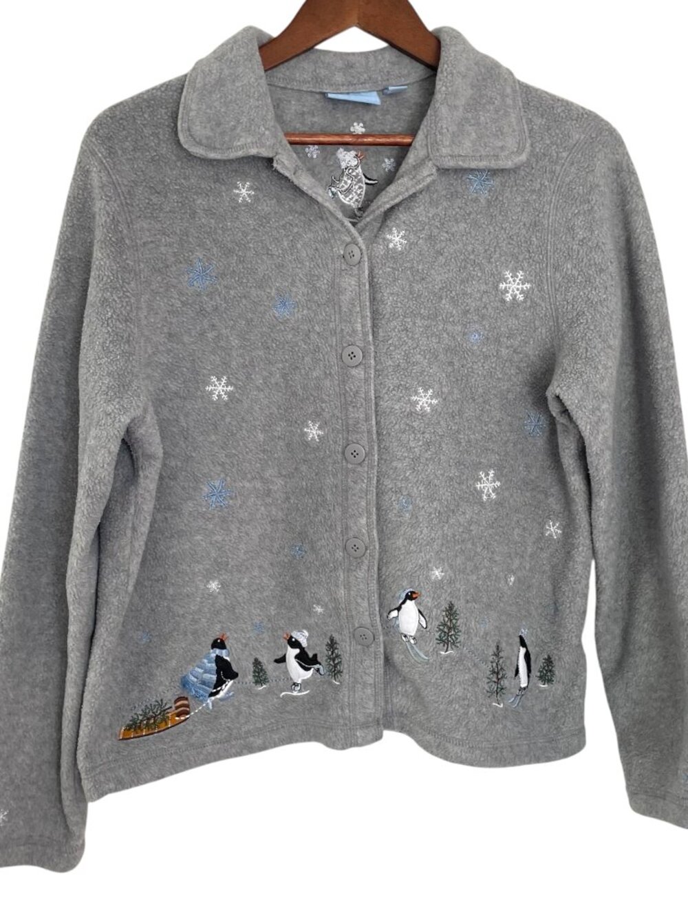 Vtg Y2K Fleece Christmas Cardigan Sweater M Gray Embroidered Penguin Snowflake